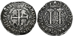 Charles II (1665-1700). 8 reales. 1687. Potosi. VR. (Cal-683). (Lazaro-221). Ag. 26,56 g. "Royal" type, (Galano). Value 8 between dots above the cross...