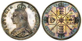 Great Britain. Victoria. 2 shillings. 1887. London. (S-3922). Ag. Roman 1 in date. Lovely cobalt toning enhanced by pondlike fields. Est...1500,00. 
...