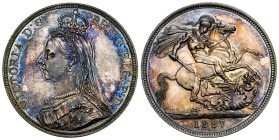 Great Britain. Victoria. 1 crown. 1887. London. (S-3921). (Km-765). Ag. 28,14 g. Spectacular old cabinet tone with bluish, mauve, and ochre hues that ...