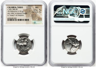 CALABRIA. Tarentum. Ca. 302-280 BC. AR didrachm (20mm, 7.91 gm, 3h). NGC AU 4/5 - 4/5. Ca. 302-280 BC. Si-, Da-, and Deinocrates, magistrates. Nude wa...