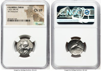 CALABRIA. Tarentum. Ca. 302-280 BC. AR didrachm (21mm, 12h). NGC Choice VF. Ca. 302-280 BC. Axl-, Soi, and Cal-, magistrates. Helmeted warrior on hors...