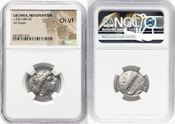 LUCANIA. Metapontum. Ca. 330-280 BC. AR stater (21mm, 1h). NGC Choice VF. Head of Demeter right, wearing barley wreath, pendant earring, and necklace;...