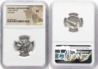 LUCANIA. Metapontum. Ca. 330-280 BC. AR stater (19mm, 4h). NGC VF. Head of Demeter left, wearing barley wreath, pendant earring, and beaded necklace /...