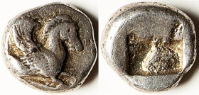 MACEDON. Therma(?). Ca. 500-480 BC. AR diobol (9mm, 1.29 gm). VF. Forepart of winged Pegasus right / Rough incuse square punch. SNG ANS VII, 762 var. ...