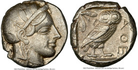 ATTICA. Athens. Ca. 455-440 BC. AR tetradrachm (23mm, 17.19 gm, 3h). NGC Choice XF 5/5 - 4/5. Early transitional issue. Head of Athena right, wearing ...