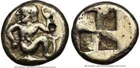 MYSIA. Cyzicus. Ca. 550-450 BC. EL/AE fourrée hecte (10mm, 1.90 gm). NGC Fine, punch mark, scratches. Triton reclining right, head left, resting on ri...