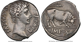 Augustus (27 BC-AD 14). AR denarius (18mm, 3.61 gm, 5h). NGC VF 5/5 - 3/5, marks, edge scuff. Lugdunum, ca. 15-13 BC. AVGVSTVS-DIVI•F, bare head of Au...