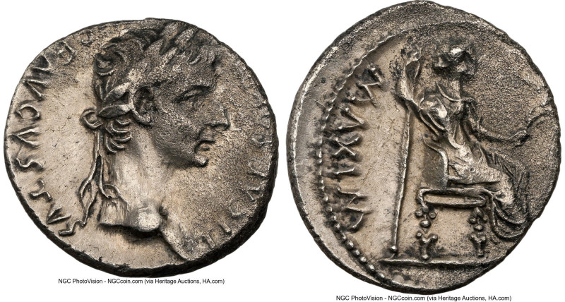 Tiberius (AD 14-37). AR denarius (17mm, 3.50 gm, 8h). NGC Choice XF 3/5 - 1/5. L...