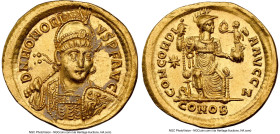 Honorius, Western Roman Empire (AD 393-423). AV solidus (21mm, 4.35 gm, 5h). NGC Choice AU 5/5 - 2/5, brushed, edge filing. Constantinople, 7th offici...