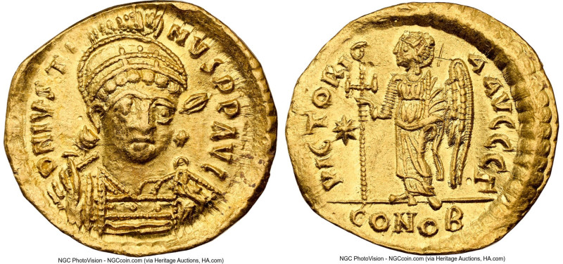 Justin I (AD 518-527). AV solidus (21mm, 4.30 gm, 7h). NGC AU 5/5 - 2/5, edge be...