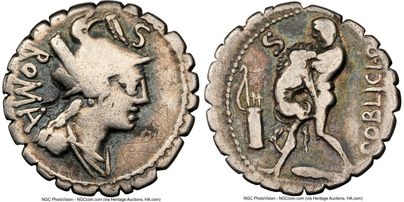 ANCIENT LOTS. Roman Republic. Lot of two (2) AR denarii. NGC Fine, bankers mark,...