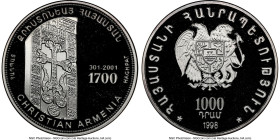 Republic Proof "Haghpat Carved Cross" 1000 Dram 1998 PR69 Ultra Cameo NGC, Utrecht mint, KM85. 1700th Anniversary of the Adoption of Christianity. Fro...