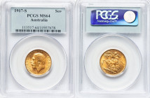 George V gold Sovereign 1917-S MS64 PCGS, Sydney mint, KM29, S-4003, Fr-38. Antiqued golden hue and nearly gem condition. HID09801242017 © 2024 Herita...