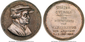 Cantonal Pair of Certified silver Medals NGC, 1) Zurich. Canton silver "Ulrich Zwingli" Medal 1819-Dated - MS60. 30mm 2) Basel. Canton silver "School ...