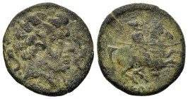 Spain, Sekaisa, c. 125-101 BC. Æ Unit (22mm,6g). Bare head r. between dolphins. R/ Warrior on horseback r., holding spear. ACIP 1559; CNH 39.