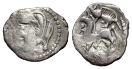 Central Gaul, Bituriges Cubi, c. 1st century BC. AR Quinarius (16mm, 1.83g, 10h). Bare male head l. R/ Horse prancing l.; above, boar l.; X below. D&T...