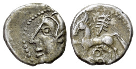 Central Gaul, Bituriges Cubi, c. 1st century BC. AR Quinarius (14mm, 1.88g, 12h). Bare male head l. R/ Horse prancing l.; branch above; three circles ...