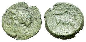 Italy, Campania, Neapolis, c. 250-225 BC. Æ (16mm, 2.56g). Laureate head of Apollo l. R/ Man-headed bull walking r.; above, Nike flying r., placing wr...