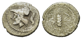 Italy, Apulia, Arpi, c. 3rd century BC. AR Obol? (11.3mm,0.8g). Helmeted head of Athena l. R/ Grain ear. Cf. HNItaly 648.