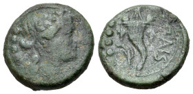 Italy, Lucania, Paestum, 218-201 BC. Æ Triens (18mm, 5.23g, 9h). Female head r. wearing ivy wreath; four pellets to l. R/ Cornucopia; four pellets and...