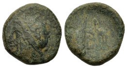Italy, Lucania, Metapontion. c. 300-250 BC. Æ (19.6mm,6g). Laureate head of Apollo l. R/ META, ear of barley; tripod r. SNG ANS 597; SNG Morcom 282-28...