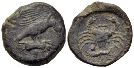Sicily, Akragas, c. 420-415 BC. Æ Tetras (22.5mm,7.8g). Eagle with spread wings standing r., tearing at hare in talons. R/ Crab; crayfish below. Cf. W...