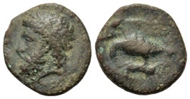 Sicily, Akragas, c. 338-317 BC. Æ (16mm,3.3g). Laureate head of Zeus to l. R/ Eagle standing to l., tearing at hare in talons. CNS I, 116.