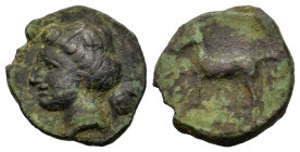 Sicily, Eryx, c. 330-260 BC. Æ (15mm,3g). Wreathed head of Tanit l.; shell behind neck. R/ Horse prancing r. Campana 52; CNS 21; HGC 2, 328.