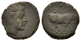 Sicily, Gela, c. 420-405 BC. Æ Tetras (17mm,3.4g). Bull r.; olive branch above, three pellets (mark of value) in exergue. R/ Head of river-god Gelas r...