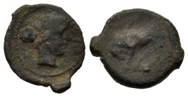 Sicily, Gela, c. 420-405 BC. Æ Onkia (13.2mm,2.9g). Bull standing l., head lowered; • (mark of value) in exergue. R/ Head of youthful river-god r.; gr...