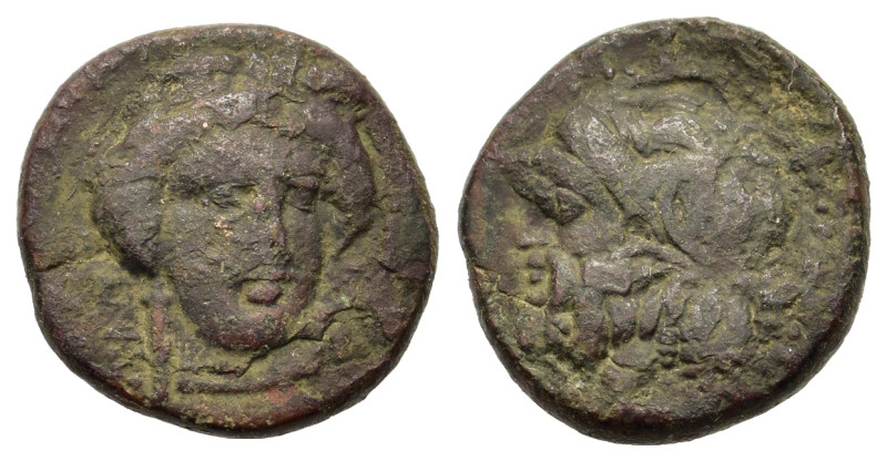 Sicily, Gela, c. 339-310 BC. Æ Tetras(?) (13.6mm,2.5g). Wreathed head of Demeter...