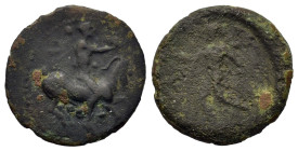 Sicily, Himera, c. 425-409 BC. Æ Tetras or Trionkion (16mm,1.8g). Pan, blowing in conch and holding lagobolon, on horseback r.; three pellets (mark of...