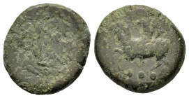 Sicily, Himera, c. 425-409 BC. Æ Tetras or Trionkion (15.6mm,2.5g). Pan, blowing in conch and holding lagobolon, on horseback l.; three pellets (mark ...