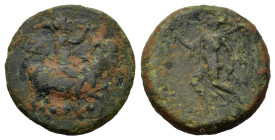 Sicily, Himera, c. 425-409 BC. Æ Tetras or Trionkion (15.6mm,4g). Pan, blowing in conch and holding lagobolon, on horseback r.; three pellets (mark of...