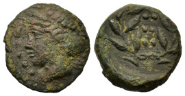 Sicily, Himera, c. 415-409 BC. Æ Hemilitron (12.8mm,2.4g). Head of nymph l., hair bound in ampyx and sphendone; six pellets before. R/ Six pellets wit...