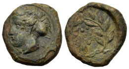 Sicily, Himera, c. 415-409 BC. Æ Hemilitron (16mm,4.3g). Head of nymph l., hair bound in ampyx and sphendone; six pellets before. R/ Six pellets withi...