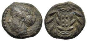 Sicily, Himera, c. 415-409 BC. Æ Hemilitron (15.2mm.3.7g). Head of nymph l., hair bound in ampyx and sphendone; six pellets before. R/ Six pellets wit...
