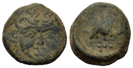 Sicily, Kamarina, c. 420-405 BC. Æ Tetras or Trionkion (16mm,3.8g). Facing gorgoneion. R/ Owl standing r., head facing, grasping lizard; three pellets...