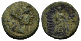 Sicily, Katane, c. 211-206/4 BC. Æ (15mm,2.8g). Laureate head of Apollo r. R/ Aphrodite standing r., holding dove; II to r. CNS III, 24; HGC 2, 612.