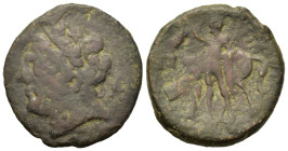 Sicily, Messana, The Mamertinoi, c. 220-200 BC. Æ Pentonkion (25.4mm,8.7g). Laureate head of Ares l. R/ Warrior, horse behind, standing l., spear in l...