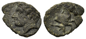 Sicily, Panormos, c. 336-330 BC. Æ (10.7mm,0.7g). Head of Apollo l., wearing Taenia. R/ Forepart of horse r.; below, dolphin r. CNS 12.