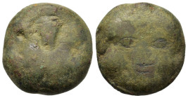 Sicily, Selinos, c. 450-440 BC. Cast Æ Tetras (22mm,13.7g). Facing head of Silenos. R/ Selinon leaf; three pellets (mark of value) around. CNS 3/2; cf...