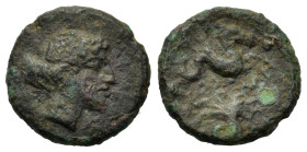 Sicily, Syracuse. Second Democracy, c. 425 BC. Æ Tetras (13.4mm,2g). Female head r. R/ Hippocamp r., octopus below. CNS 30; SNG ANS 1382.