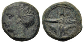 Sicily, Syracuse, c. 410-405 BC. Æ Hemilitron (14.3mm,3.6g). Head of Arethusa l., wearing double loop earring and necklace, hair bound in ampyx and sp...