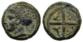 Sicily, Syracuse, c. 410-405 BC. Æ Hemilitron (15.7mm,4.2g). Head of Arethusa l., wearing double loop earring and necklace, hair bound in ampyx and sp...