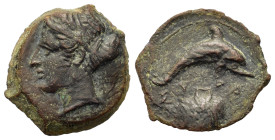 Sicily, Syracuse, c. 405-400. Æ Hemilitron (16mm,3.2g). Female head l., wearing hair in ampyx and sphendone; two leaves to r. R/ Dolphin r.; shell bel...