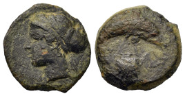 Sicily, Syracuse, c. 405-400. Æ Hemilitron (15.4mm,2.8g). Female head l., wearing hair in ampyx and sphendone; two leaves to r. / Dolphin r.; shell be...