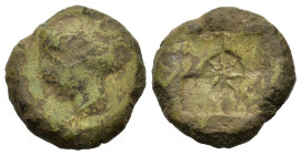 Sicily, Syracuse. Time of Dionysios I, c. 405-375 BC. Æ (15.6mm,3.4g). Head of Arethusa to l., hair in sphendone. R/ Star of sixteen rays within incus...