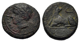 Sicily, Syracuse. Agathokles (317-289 BC). Æ (12.4mm,1.9g). Laureate head of Apollo l. R/Hound reclining l., head r.; monogram above. Cf. SNG ANS 1394...
