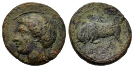 Sicily, Syracuse. Time of Agathokles, c. 317-310 BC. Æ (16.7mm,3g). Head of Arethusa to l. R/ Bull butting to l.; monogram above. CNS II, 105 (Ds61); ...